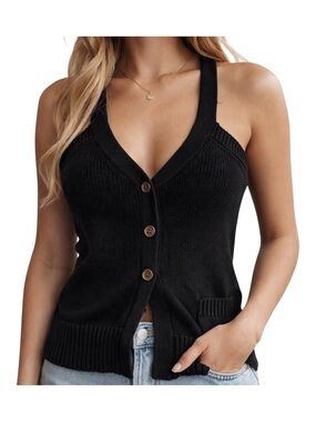 Roxy Black cotton Knit 3 Button-Up Vest/Tank sweater top, t-back, sz Med